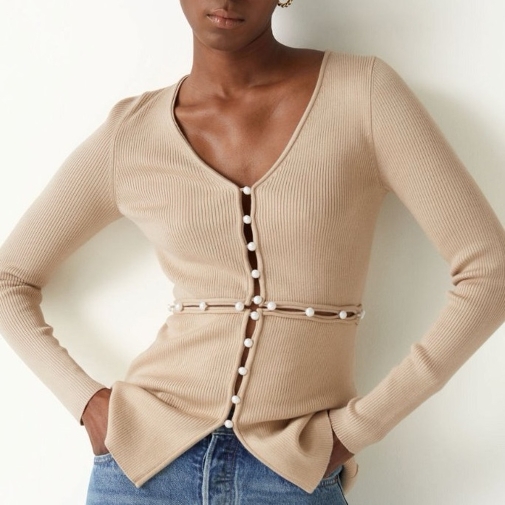 & Other Stories buttoned waist rib knit top - S